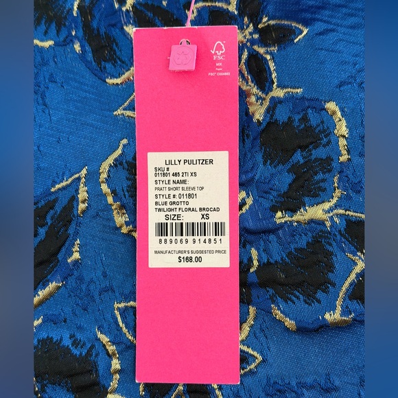 Lily Pulitzer Pratt Short Sleeve Floral Brocade Twilight Grotto Blue Top XS NWT - Picture 9 of 10